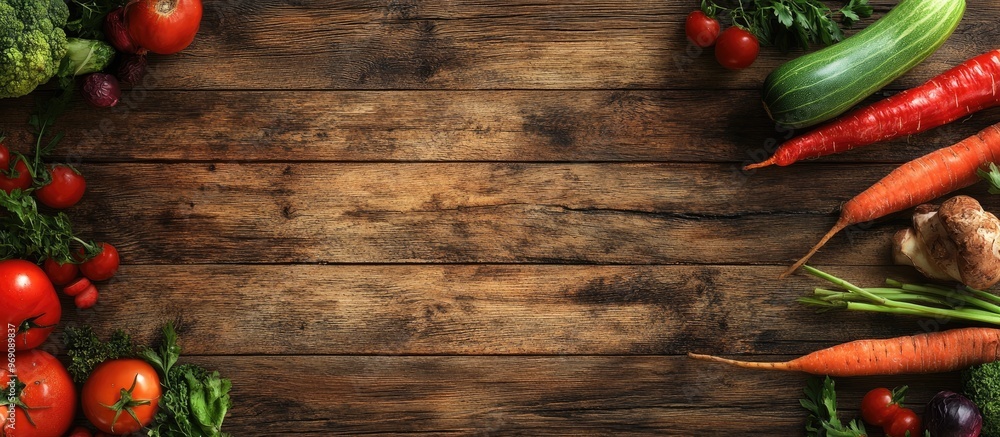 Poster vegetables placed on a wooden surface organic healthy food concept of raw and vegetarian banner. wit