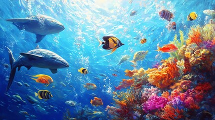 Fototapeta premium Vibrant underwater scene featuring coral, colorful fish, and majestic rays in a sunlit ocean environment.