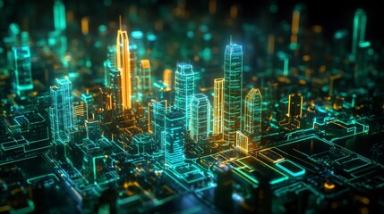 Futuristic city energy management system visualized in real-time: A holographic city model showing energy flow and usage data.