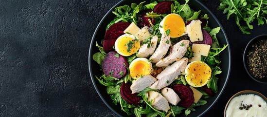 Trendy salad featuring boiled chicken beetroot and cheese Healthy eating ketogenic diet diet lunch idea Menu for Keto and Paleo diets. with copy space image. Place for adding text or design