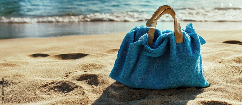 Poster Soft blue towel in a beach bag on the sand by the sea space for text. with copy space image. Place for adding text or design