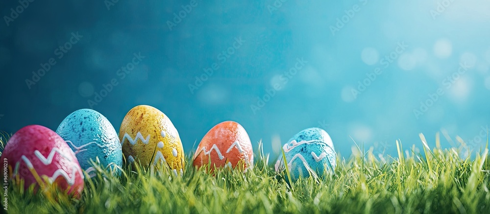 Aufkleber easter eggs on grass with a blue background. with copy space image. place for adding text or design