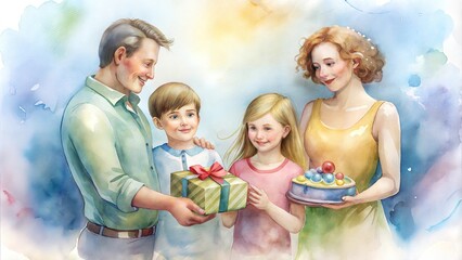 Family celebrating with gifts and a cake, sharing joyful moments together during a special occasion