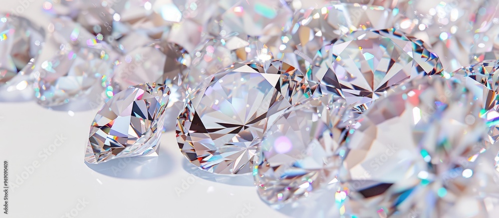 Poster Shiny beautiful diamonds on a white background viewed from above Room for text. with copy space image. Place for adding text or design