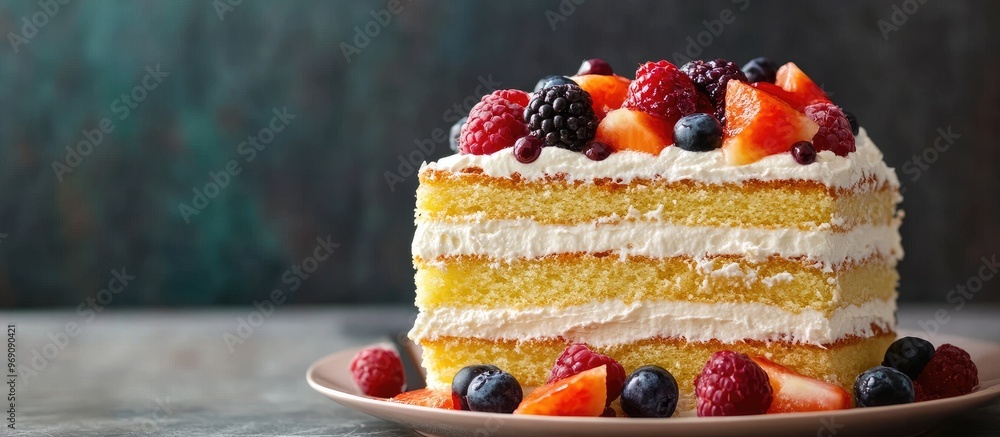 Poster Layered cake with chantilly cream and slices of fresh fruit in a rustic style. with copy space image. Place for adding text or design