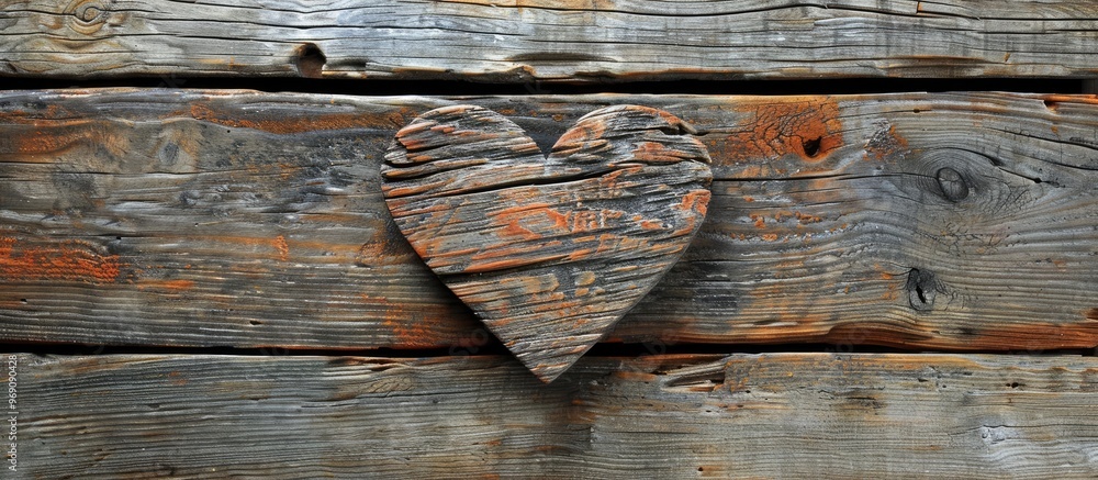 Poster Template featuring a wooden heart set against a wooden background. with copy space image. Place for adding text or design