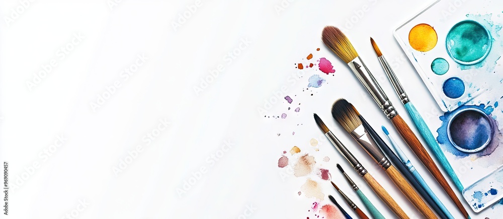 Aufkleber drawing materials watercolor brushes and a palette on a white background. with copy space image. pla