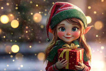 Christmas elf, little girl with gifts in her hands against background of Christmas lights. Animation. Concept: Christmas and New Year. Generative AI
