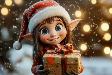Christmas elf, little girl with gifts in her hands against background of Christmas lights. Animation. Concept: Christmas and New Year. Generative AI