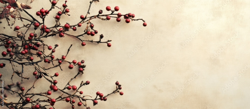 Poster textured vintage paper backdrop featuring winterberry. with copy space image. place for adding text 