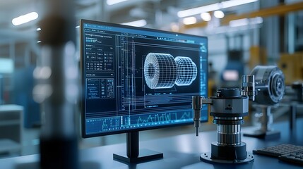 A digital workspace showcasing a monitor displaying 3D engineering designs and components in a modern manufacturing environment.