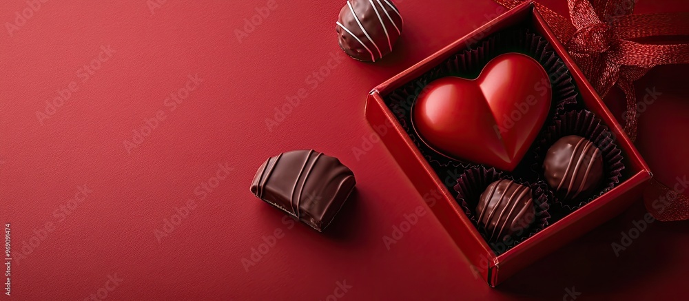 Poster Red heart shape gift box and chocolate truffles set against a red backdrop Valentine s Day theme. with copy space image. Place for adding text or design