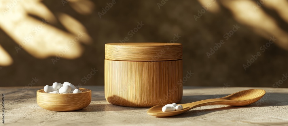 Poster medication in wooden container and spoon. with copy space image. Place for adding text or design