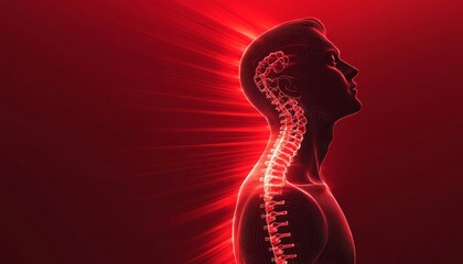 Abstract human silhouette with glowing red waves radiating from the spine, symbolizing back pain and discomfort