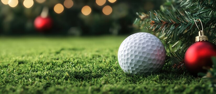 A golf ball and a Christmas ornament are situated on green grass. with copy space image. Place for adding text or design