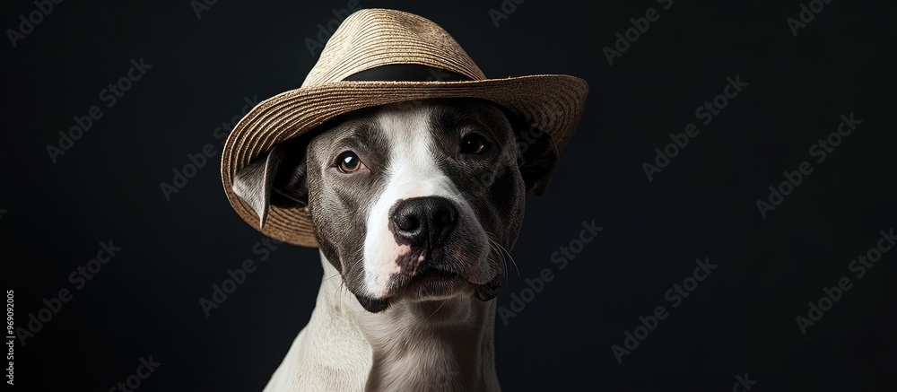 Aufkleber Portrait of a dog in a studio gazing at the camera while wearing a hat. with copy space image. Place for adding text or design