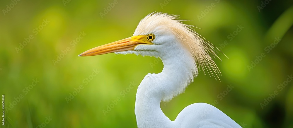 Poster closeup profile portrait of a cattle egret with a green grass background and copyspace