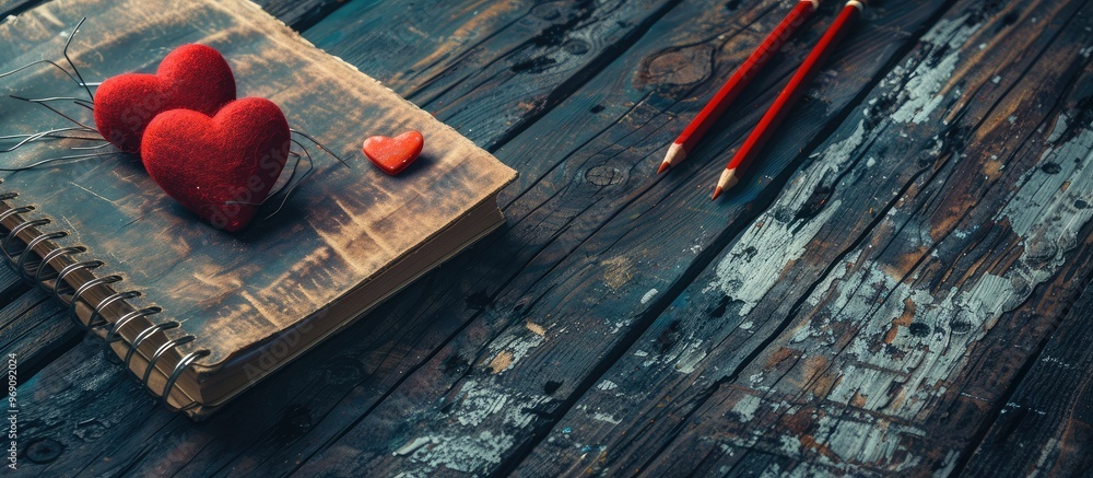 Poster Pencils and a notebook on a weathered wooden surface valentine theme. with copy space image. Place for adding text or design