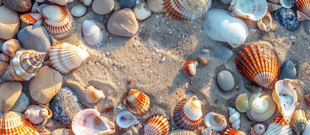 Poster A border of pink seashells and sea pebbles on a white background Ocean pattern top view. with copy space image. Place for adding text or design