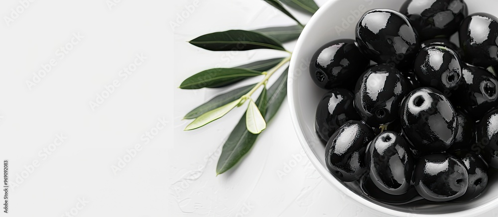 Poster black olives on a plate against a white background olive branch and copy space for text concept of a
