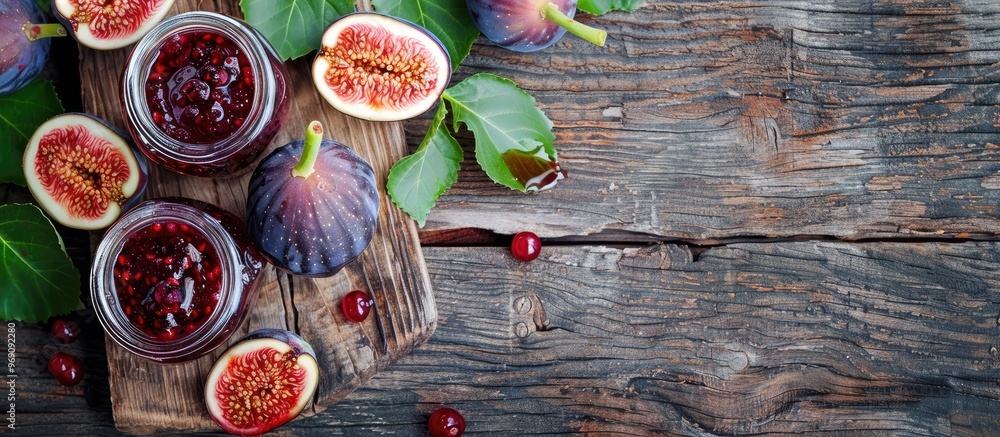 Aufkleber Flat lay arrangement featuring tasty fig jam on a wooden table Room for text. with copy space image. Place for adding text or design