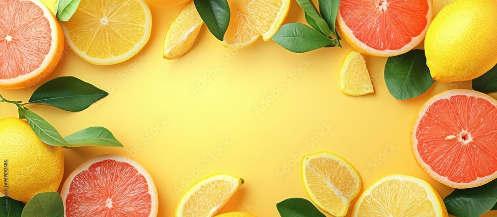 Leinwandbilder citrus slices including lemons and grapefruits with leaves create a frame on a yellow background fro