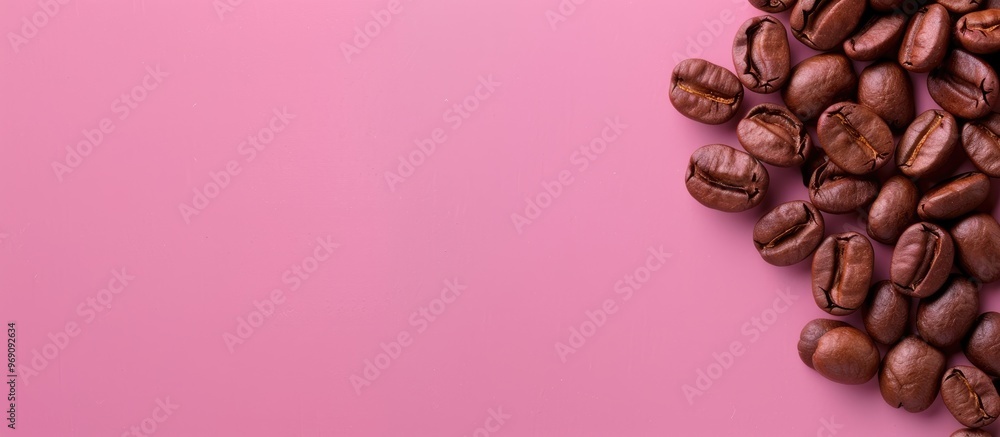 Poster roasted and fragrant coffee beans on a pink colored surface as the background top view with copy spa