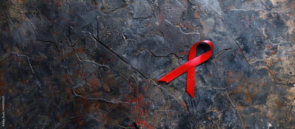 Poster Top view of a red ribbon on a grey stone background providing space for text Awareness for AIDS disease. with copy space image. Place for adding text or design