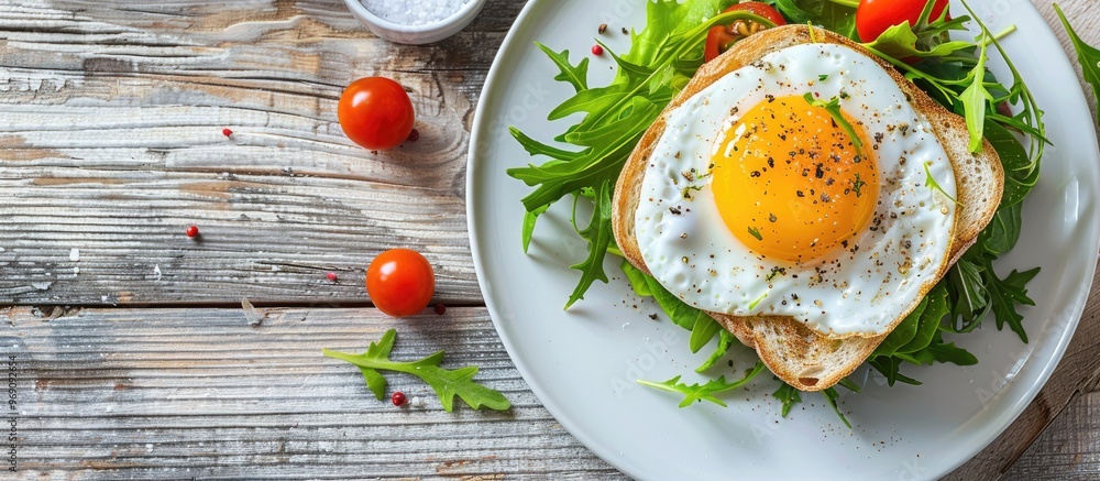 Poster Nutritious breakfast featuring a fried egg toast and salad on a white wooden table accompanied by a notepad for copyspace