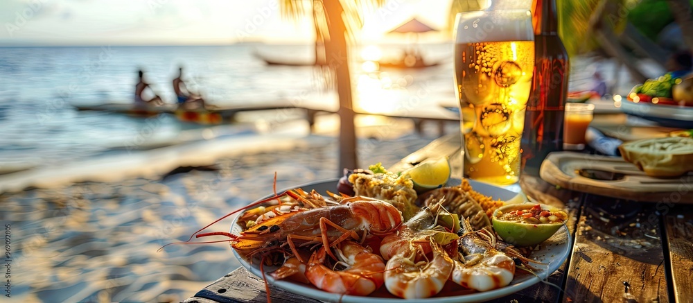 Aufkleber salty fish paired with cold beer at the hotel bar in the caribbean. with copy space image. place for