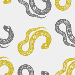 Seamless vector pattern decorated snake with Ukrainian embroidery, the animal symbol of 2025. Simple doodle style. Grid