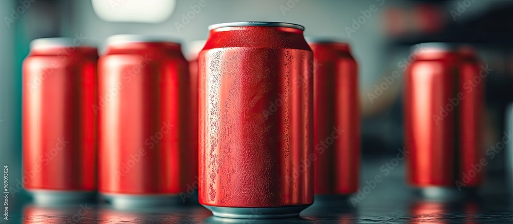 Aufkleber Several empty red metal cans on a table closeup Mockup for design. with copy space image. Place for adding text or design