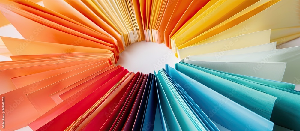 Poster top view of vibrant hardback books arranged in a circle an open book with fanned pages is set agains