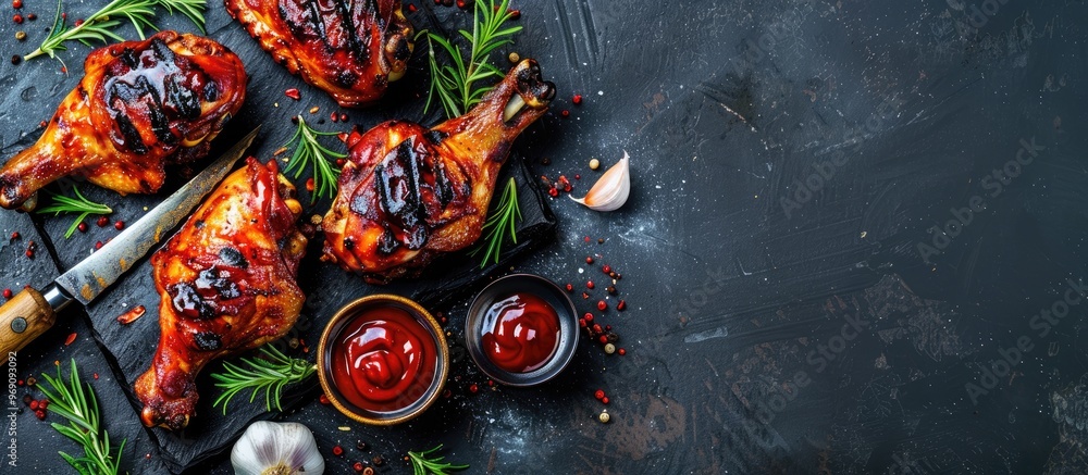 Poster grilled chicken legs and wings seasoned with herbs spices garlic and barbeque sauce set against a da