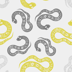 Seamless vector pattern decorated snake with Ukrainian embroidery, the animal symbol of 2025. Simple doodle style. Grid