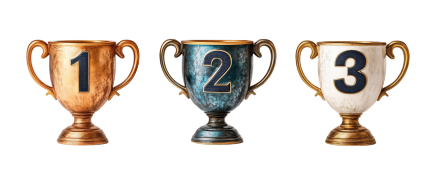 Set of gold, silver, bronze winner cup cut out and isolated on transparent background, png.  Winner trophy seats 1 2 3. Can be used as a symbol associated with a tournament or prize, championship. 