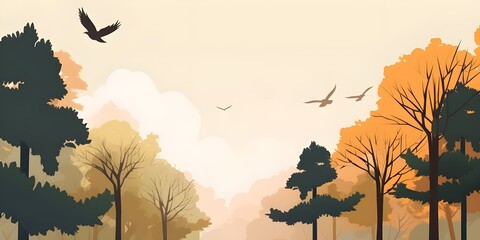 Birds Flying Over an Autumn Forest