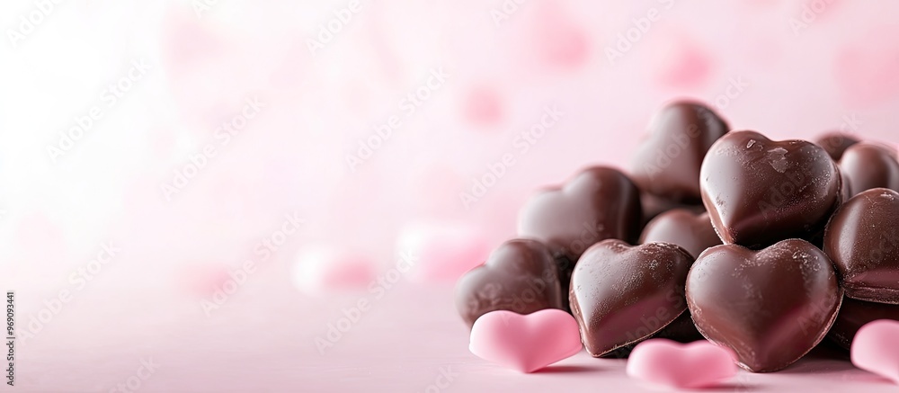 Poster Chocolate Hearts on a Pink Hearts Background. with copy space image. Place for adding text or design