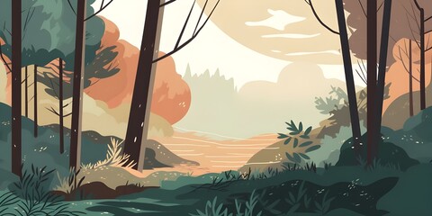 Autumn Forest Path with Warm Sunset