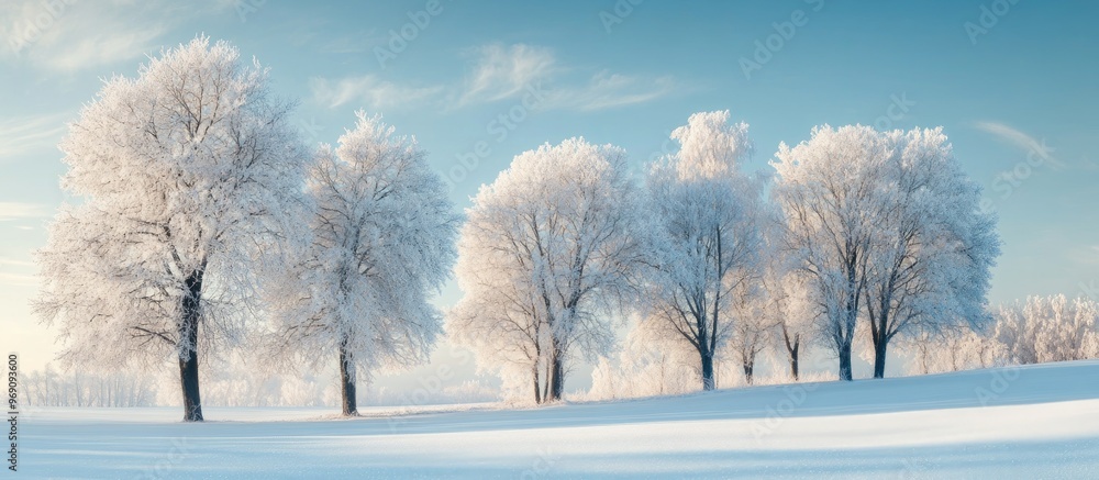 Leinwandbilder Winter trees covered in white rime A naturally beautiful backdrop featuring frosted trees in winter. with copy space image. Place for adding text or design