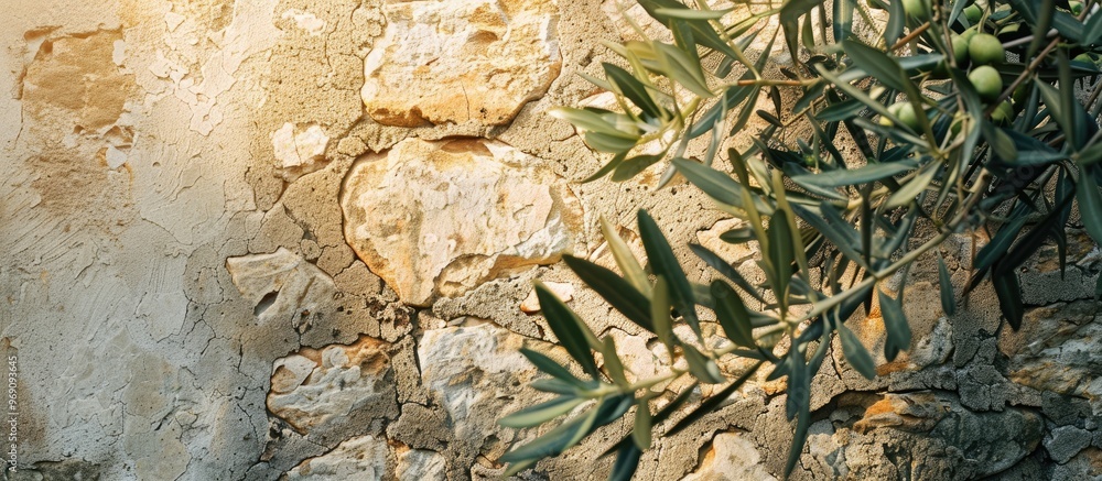 Poster natural mediterranean backdrop featuring warm stone and an olive branch flat lay with copy space