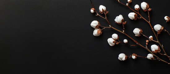 Cotton branch on black background top view copy space