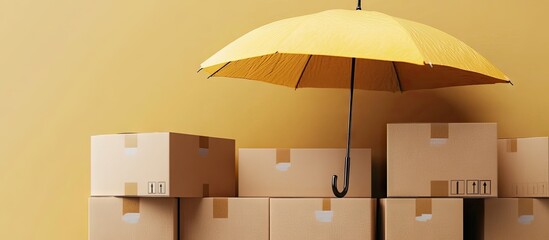 Delivery insurance Cardboard boxes shielded by an umbrella Template with copyspace for text