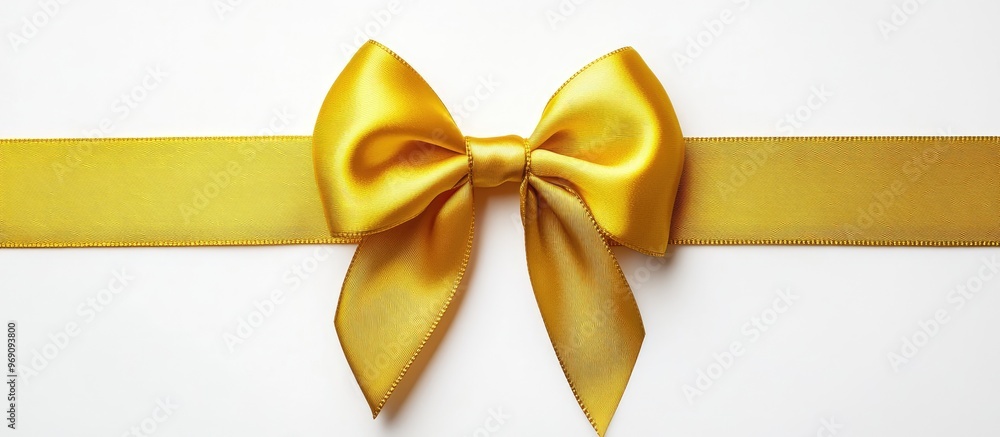 Poster Yellow silk ribbon bow set against a white background. with copy space image. Place for adding text or design