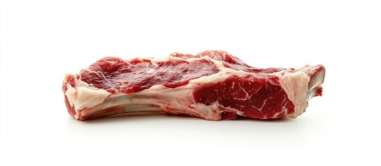 Fototapeta premium Raw leg of mutton on the bone against a white isolated background Close up of sheep meat A fresh cut of mutton Horizontal view. with copy space image. Place for adding text or design
