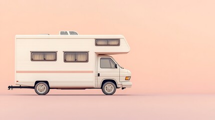 Simple white RV on a pastel peach background with clean and modern design, leaving room for travel branding or promotional content.