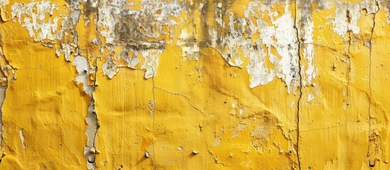 Worn yellow wall with faded paint and a brown stripe at the bottom. with copy space image. Place for adding text or design