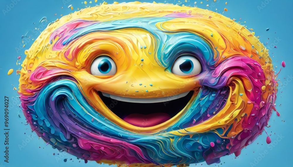 Poster vibrant and cheerful abstract smiley face created with swirling, multicolored paint strokes. the ima