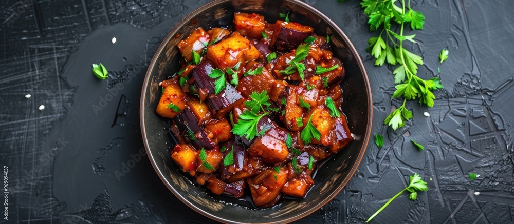 Poster spicy hot stew with eggplant in korean style and green onion sauteed aubergine vegan dish flat lay t
