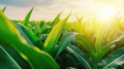 Fototapeta premium A close up of a field with green plants and sun, AI